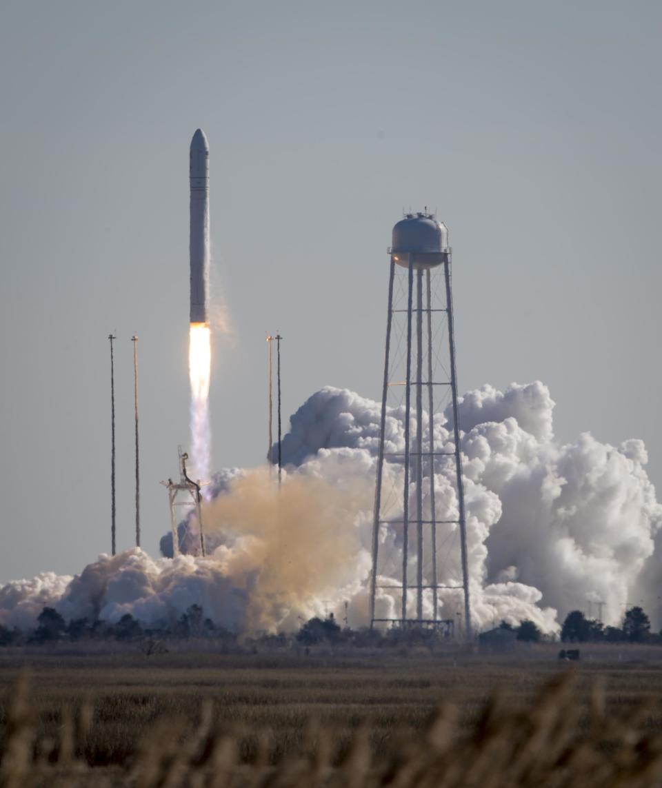 This photo provided by NASA shows an Orbital Sciences Corporation Antares rocket launches at NASA's Wallops Flight Facility, Thursday, Jan. 9, 2014, Wallops Island, Va. Antares is carrying the Cygnus spacecraft on a cargo resupply mission to the International Space Station. (AP Photo/NASA, Bill Ingalls)