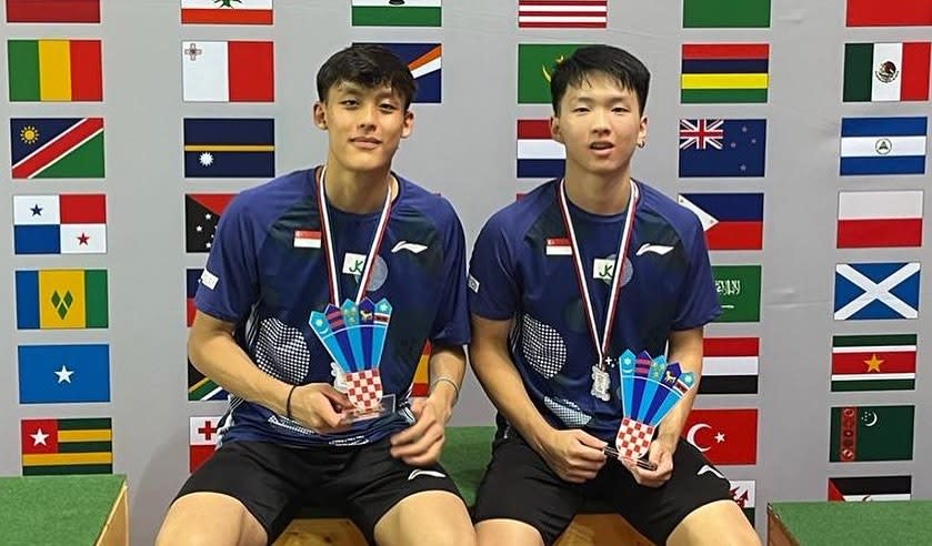Singapore's junior men's doubles world No.1 pair Johann Prajogo (left) and Nge Joo Jie after winning the Croatia Junior Open in June 2022. (PHOTO: Singapore Badminton Association)