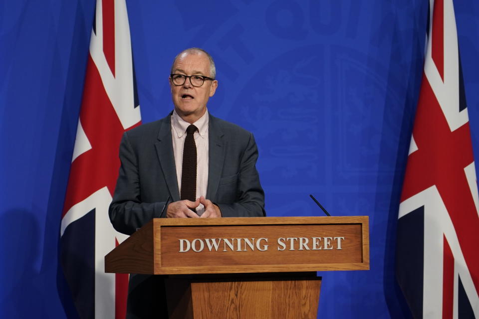 FILE - In this Monday July 19, 2021 file photo, Chief Scientific Advisor Patrick Vallance attends a media briefing on coronavirus in Downing Street, London. On Friday, July 23, 2021, The Associated Press reported on stories circulating online incorrectly asserting 60% of people being admitted to the hospital for COVID-19 in England have had two doses of coronavirus vaccine. But the opposite is true. Sixty percent of people who are currently hospitalized with COVID-19 in the U.K. are unvaccinated. Vallance gave the wrong statistic at the news conference, but issued a correction later that day. (AP Photo/Alberto Pezzali)