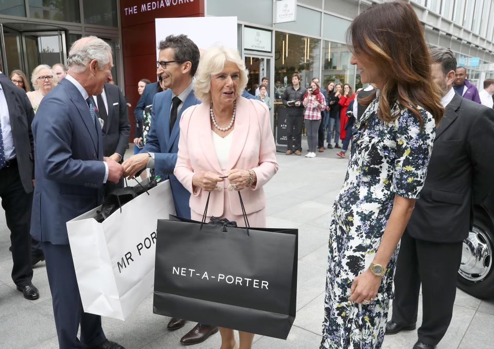 LONDON, ENGLAND - MAY 16: (L-R) Prince Charles, Prince of Wales, Federico Marchetti, CEO YOOX NET-A-PORTER GROUP, Camilla, Duchess of Cornwall, and Alison Loehnis, President of NET-A-PORTER & MR PORTER departing from The Prince Of Wales And Duchess Of Cornwall's visit to the Yoox Net-a-Porter Tech Hub at White City Place on May 16, 2018 in London, England. (Photo by Chris Jackson/Getty Images)