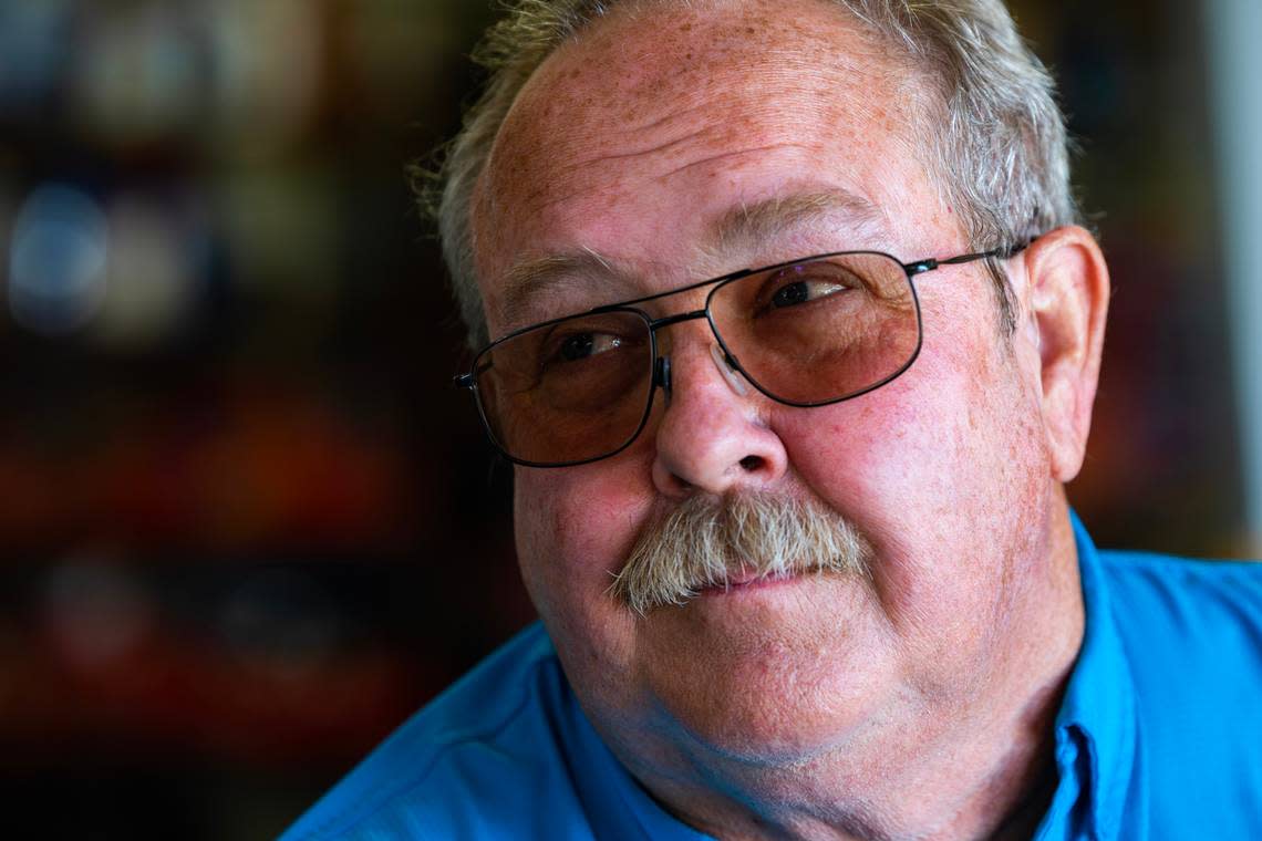 Robbie O’Neal, 57, a third generation farmer, on Thursday April 13, 2023. O’Neal used free nitrogen-rich fertilizer he was assured was safe for farming. Since then high levels of PFAS has been found in his family’s well water.