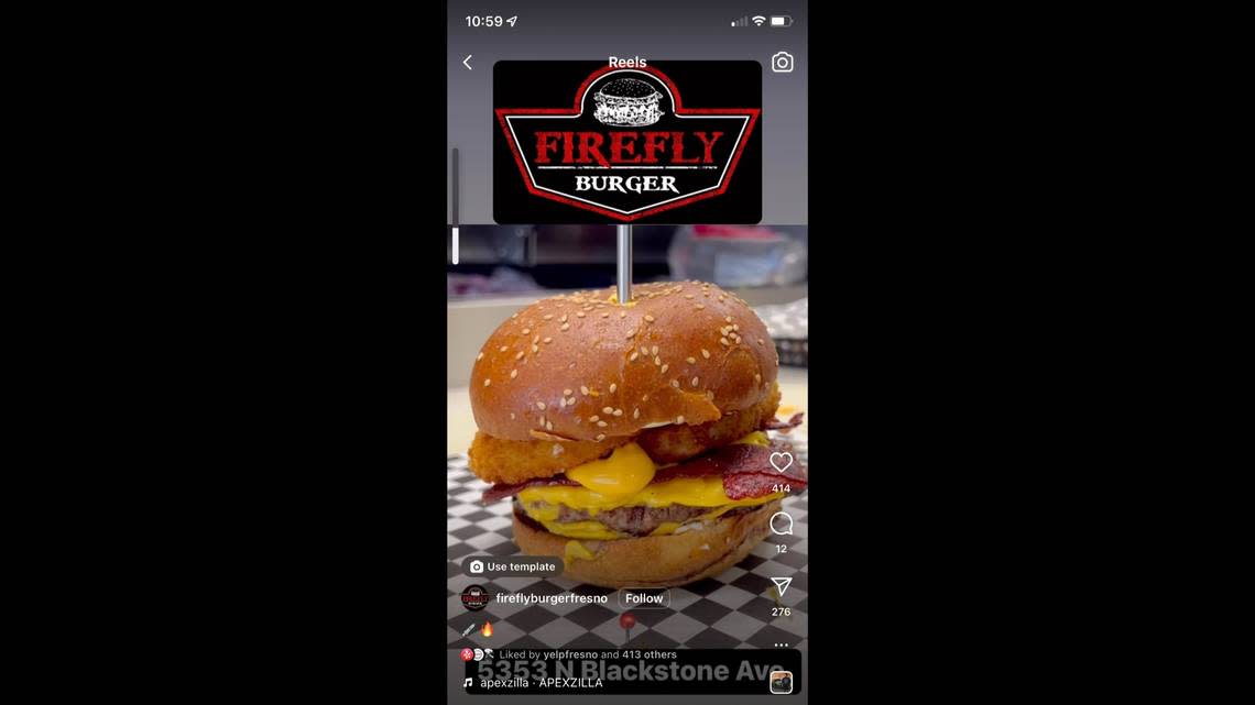 A large metal “needle” injects cheese into a burger at Firefly Burger in Fresno in this screenshot from Instagram.