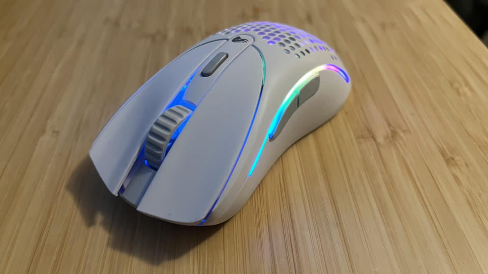 Glorious Model D 2 gaming mouse with RGB enabled.