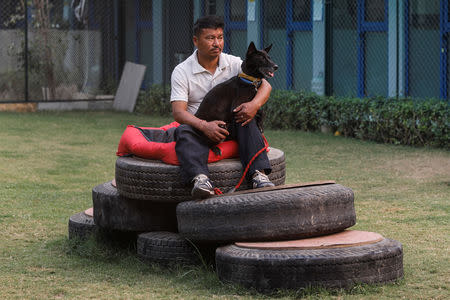 A helper sits with a dog named "Ruby", an Indian street dog, in one of the grounds at TopDog, a Luxury Pet Resort, in Gurugram, November 8, 2018. REUTERS/Anushree Fadnavis