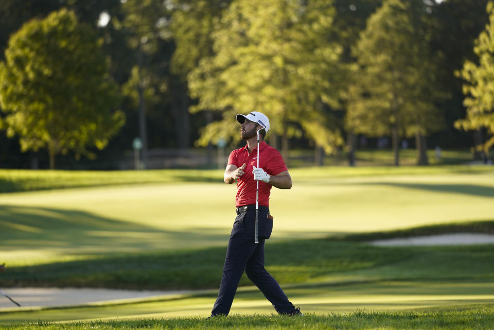 Matthew Wolff plays a shot off the 17th fairway during the third round of the US Open Golf Championship, Saturday, Sept. 19, 2020, in Mamaroneck, N.Y. (AP Photo/Charles Krupa)