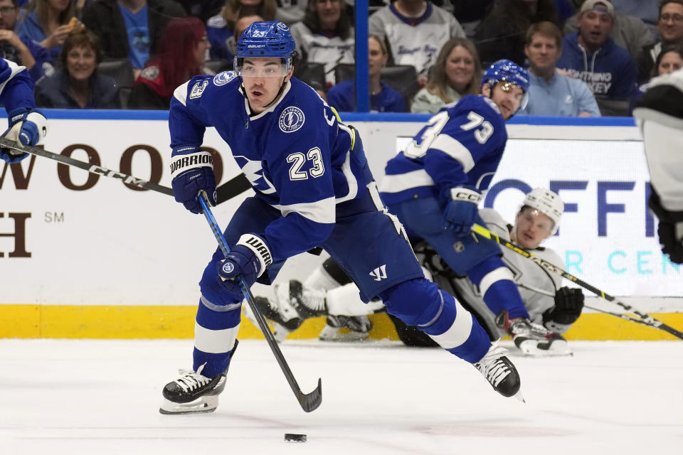 Tampa Bay Lightning center Michael Eyssimont (23) starts the breakout against the Los Angeles Kings during the second period of an NHL hockey game Tuesday, Jan. 9, 2024, in Tampa, Fla. (AP Photo/Chris O'Meara)