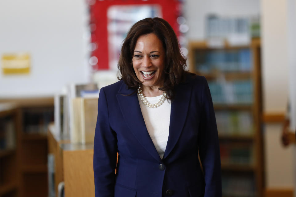 Democratic presidential candidate Sen. Kamala Harris, D-Calif., greets students at Miller Elementary School in Dearborn, Mich., Monday, May 6, 2019. (AP Photo/Paul Sancya)