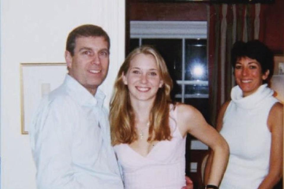 Prince Andrew with Virginia Giuffre (centre) and Ghislaine Maxwell (PA)