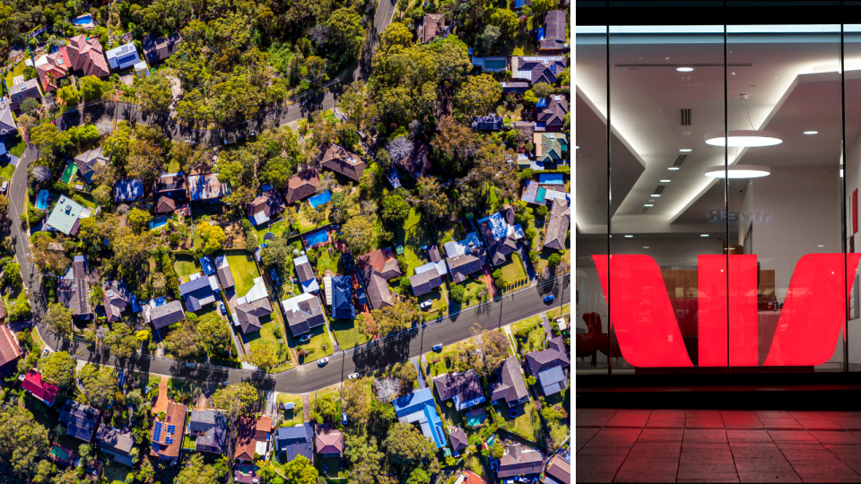 An aerial view of an Australian suburb and the Westpac symbol in a shop window.