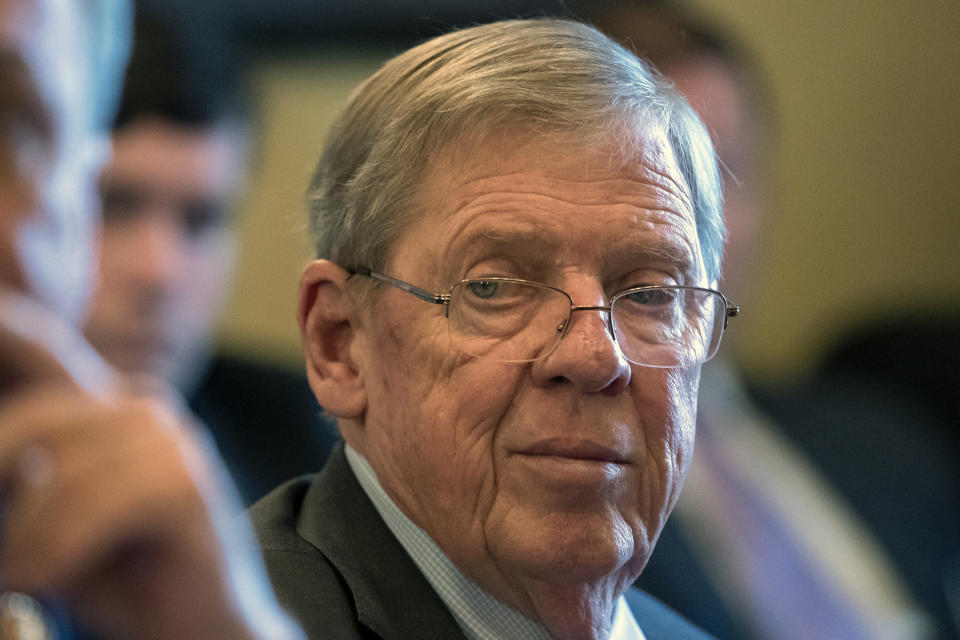 FILE - In this Feb. 14, 2019 photo, Sen. Johnny Isakson, R-Ga., leads a meeting on Capitol Hill in Washington. Republican Sen. Johnny Isakson of Georgia announced on Wednesday, Aug. 28, 2019, that he will retire at the end of 2019, citing 'health challenges'. (AP Photo/J. Scott Applewhite, File)