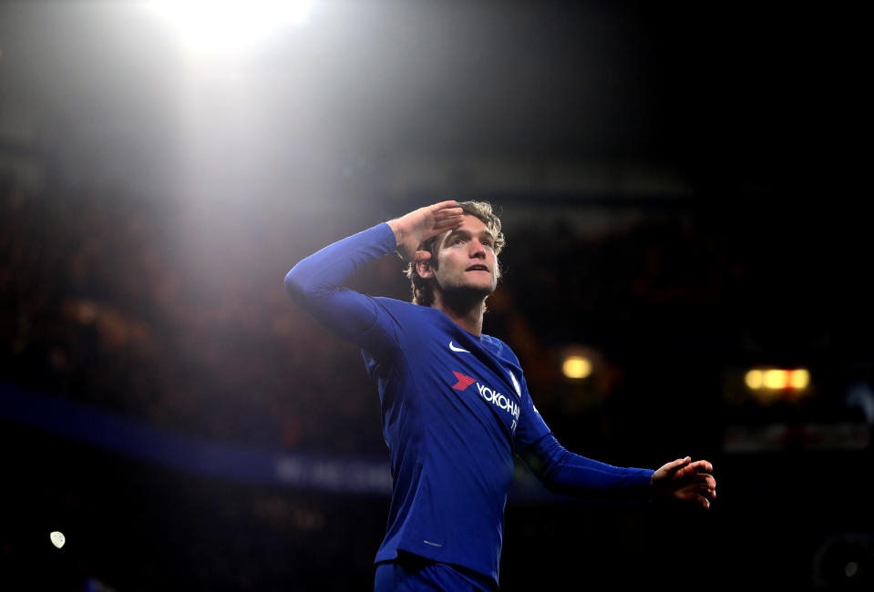 Looking forward: Chelsea’s Marcos Alonso celebrates against Brighton & Hove