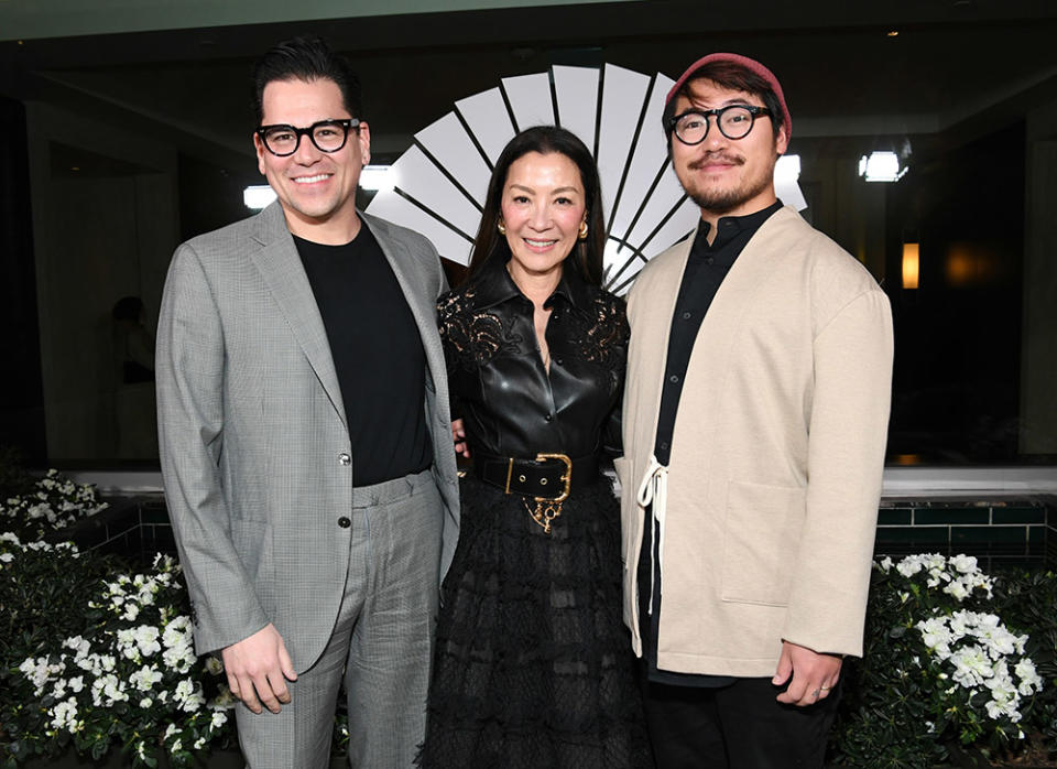 (L-R) Jonathan Wang, Michelle Yeoh and Daniel Kwan attend Mandarin Oriental And Michael Shvo Host Dinner By Michelin-Star Chef Daniel Boulud Celebrating Michelle Yeoh on February 12, 2023 in Beverly Hills, California.