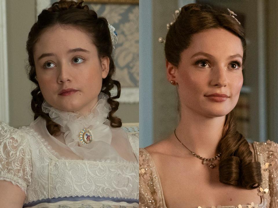 Ruby Stokes, left, as Francesca Bridgerton on season one of "Bridgerton." Hannah Dodd, right, as Francesca on season three.