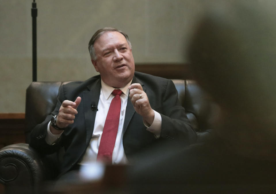 Secretary of State Mike Pompeo talks during a question and answer sessions with state Republican legislators in the Senate chamber of the Wisconsin State Capitol in Madison, Wis. Wednesday, Sept. 23, 2020. (John Hart/Wisconsin State Journal via AP)