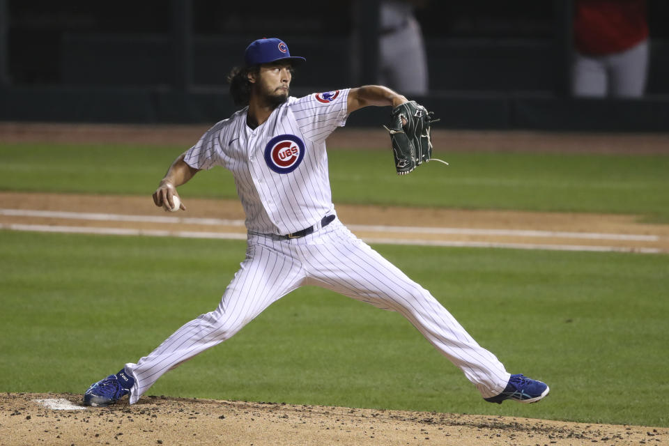 ARCHIVO.- Foto del 9 de septiembre del 2020, el lanzador Yu Darvish de los Cachorros de Chicago en el juego ante los Rojos de Cincinnati. El 20 de septiembre del 2020 Cachorros y Medias Blancas están cerca de conseguir sus respectivos títulos divisionales. (AP Photo/Kamil Krzaczynski)