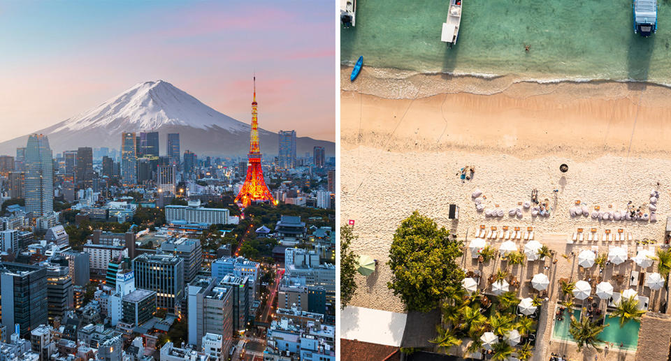 Aerial shot of Tokyo, Japan, with Mt Fuji in the background; Aerial shot of Bali beach