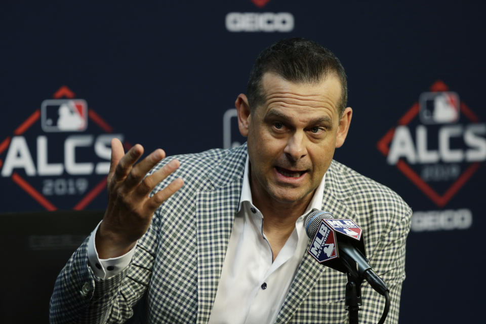 New York Yankees manager Aaron Boone talks with the media during a news conference baseball 'sAmerican League Championship Series in Houston, Friday, Oct. 11, 2019. New York is scheduled to face the Houston Astros starting Saturday. (AP Photo/Eric Gay)