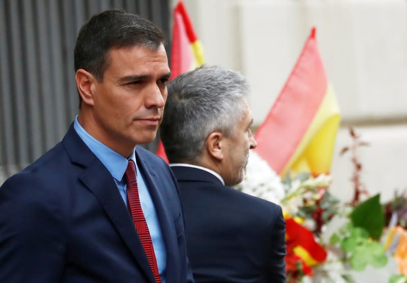 Spain's acting Prime Minister Pedro Sanchez visits the National Police headquarters in Barcelona