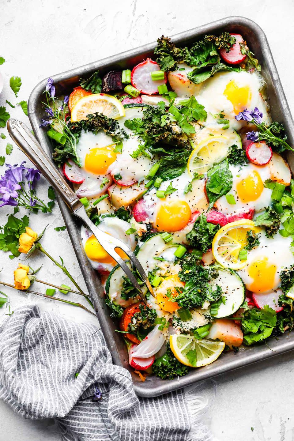 Sheet Pan Roasted Spring Vegetables with Baked Eggs