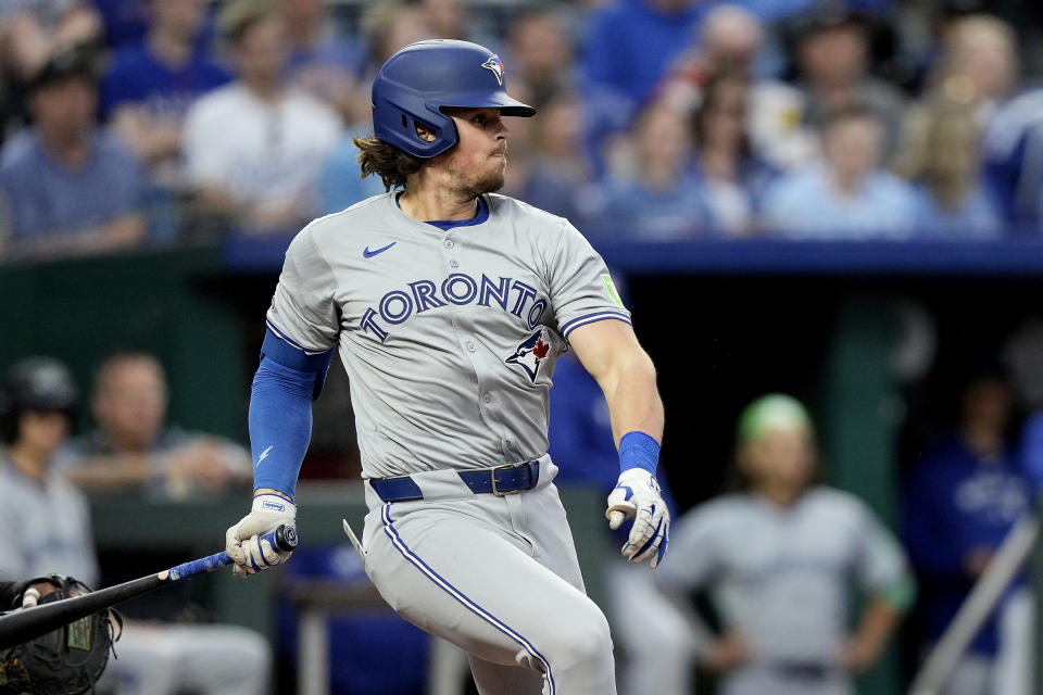 Toronto Blue Jays' Addison Barger bats during the fifth inning of a baseball game against the Kansas City Royals Wednesday, April 24, 2024, in Kansas City, Mo. (AP Photo/Charlie Riedel)