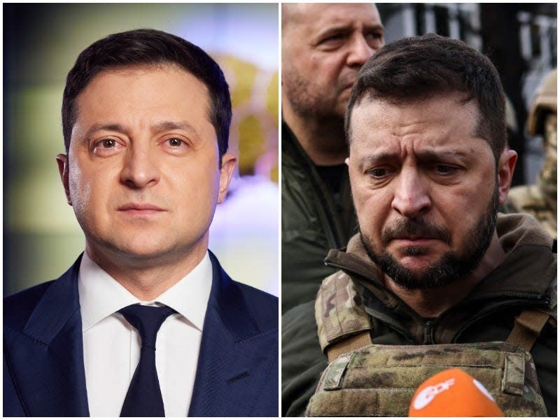 President Volodymyr Zelenskyy of Ukraine before and after Russia's invasion. He wears a suit on the left and military gear on the right
