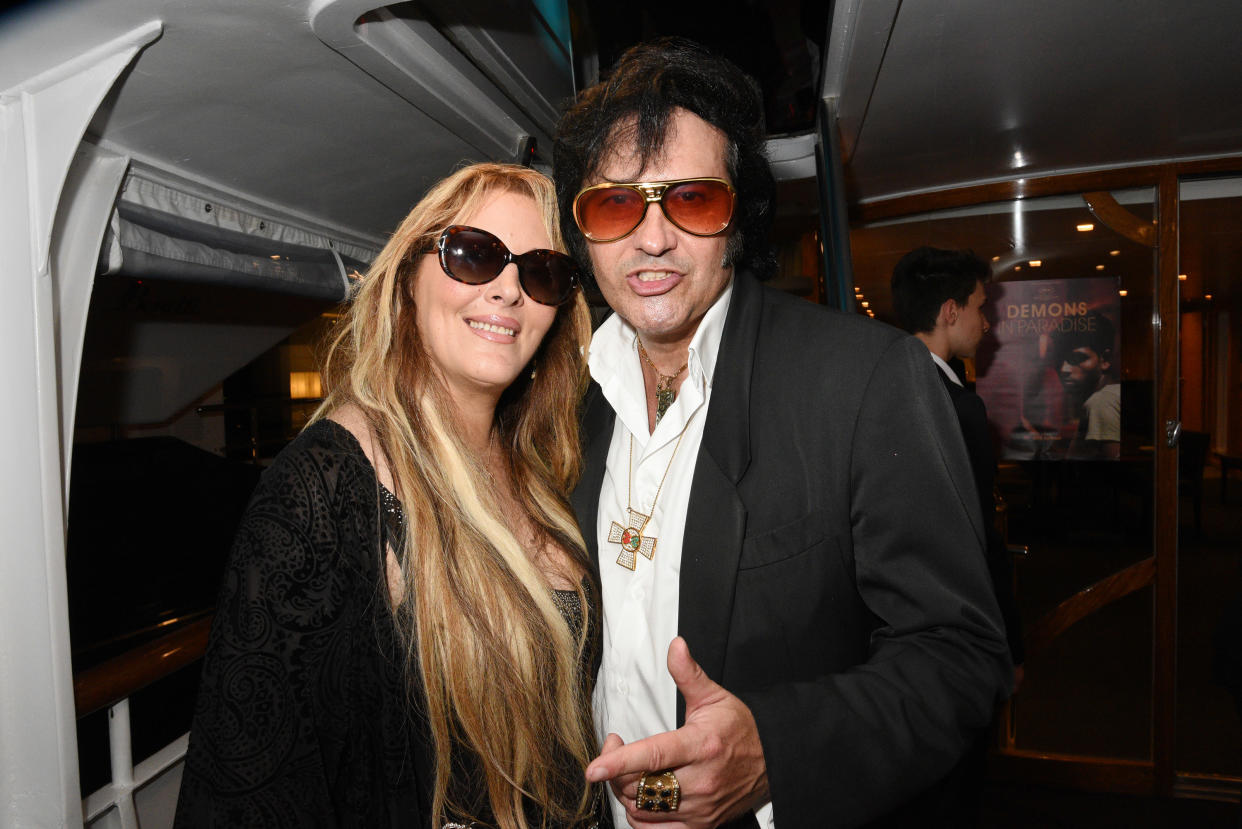 CANNES, FRANCE - MAY 24:  Loana Petrucciani and singer Elvis presley Look alike Eryl Prayer attend Technikart Boat Party - 70th annual Cannes Film Festival at Lady of Jersey on May 24, 2017 in Cannes, France.  (Photo by Foc Kan/FilmMagic)