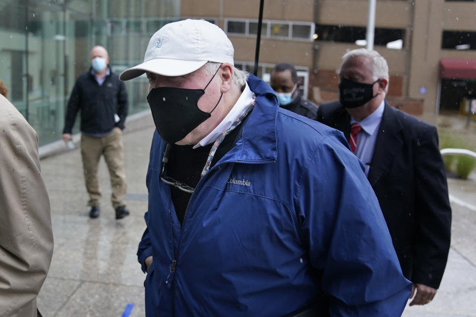 Michael Skakel arrives to a courthouse in Stamford, Conn., Friday, Oct. 30, 2020. Skakel, a Kennedy cousin, is expected at a court hearing as Connecticut prosecutors decide whether to retry him for the bludgeoning death of a fellow teenager in 1975. (AP Photo/Seth Wenig)