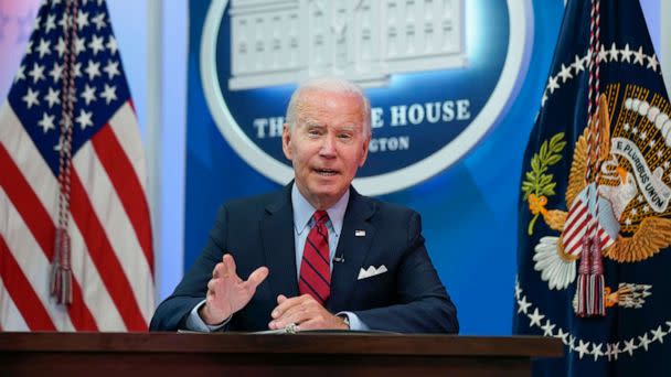 PHOTO: President Joe Biden speaks during a virtual meeting with Democratic governors on the issue of abortion rights, in the South Court Auditorium on the White House campus, on July 1, 2022, in Washington, D.C. (Evan Vucci/AP)