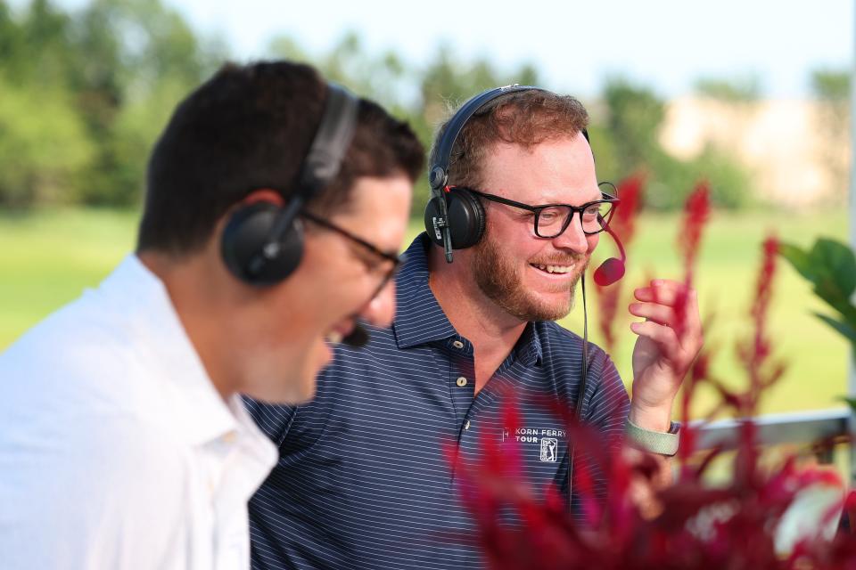 GLENVIEW, ILLINOIS - JULY 27: (L-R) Barstool Sports commentating team Jake Marsh and Sam Riggs Bozoian laugh in the booth during the first round of the NV5 Invitational presented by Old National Bank at The Glen Club on July 27, 2023 in Glenview, Illinois. (Photo by Michael Reaves/Getty Images)