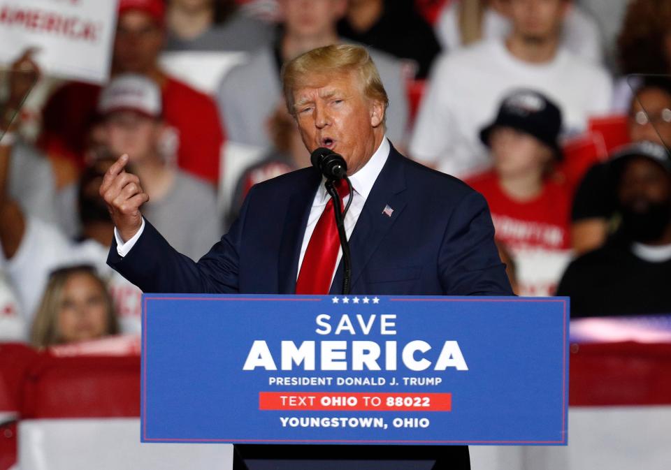 Former US President Donald Trump speaks during a Save America rally at the Covelli Centre in Youngstown, Ohio, USA, 17 September 2022 (EPA)