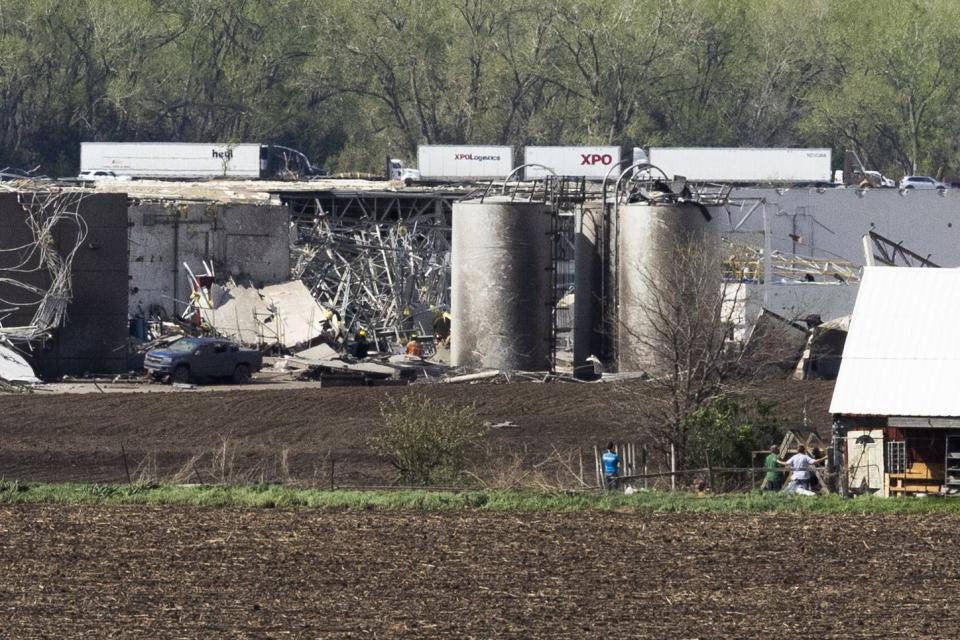 Damage from the tornado at Garner Industries is seen on Friday, April 26, 2024, outside Waverly, Neb. (Justin Wan/Lincoln Journal Star via AP)