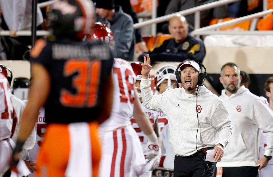 OU coach Lincoln Riley yells during a 37-33 loss to OSU on Saturday night in Stillwater. Riley is set to leave OU for Southern Cal.