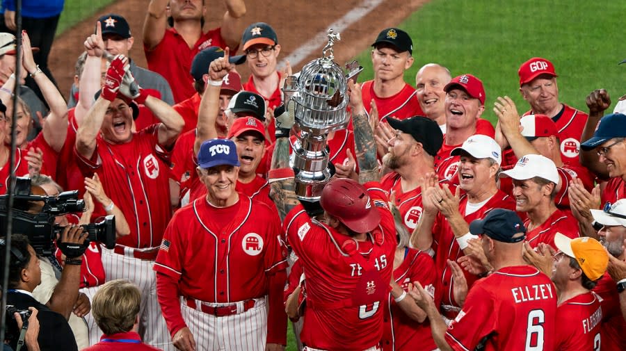 The Republicans celebrate their 31-10 win during the annual Congressional Baseball game