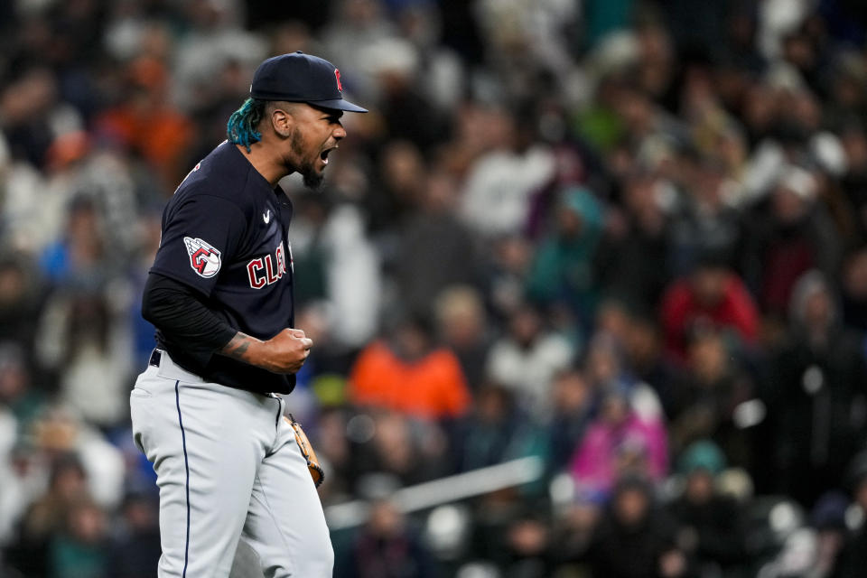Cleveland Guardians relief pitcher Emmanuel Clase reacts after striking out Seattle Mariners' Eugenio Suarez to end the baseball game Saturday, April 1, 2023, in Seattle. (AP Photo/Lindsey Wasson)