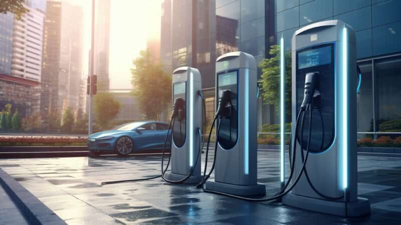 A bank of electric vehicle chargers atop a parking structure, with an electric vehicle nearby.