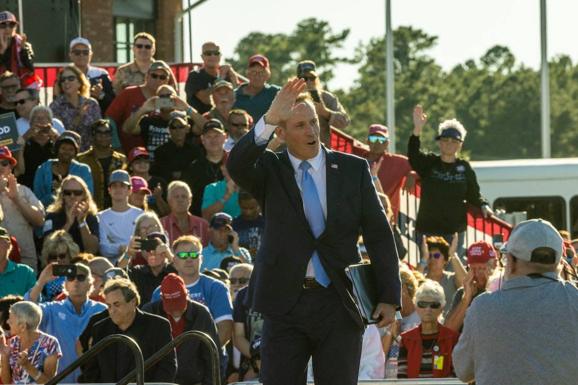 District 13 U.S. Rep. and U.S. Senate candidate Ted Budd takes the stage during a rally featuring former president Donald Trump at Wilmington International Airport Friday, Sept. 23, 2023.