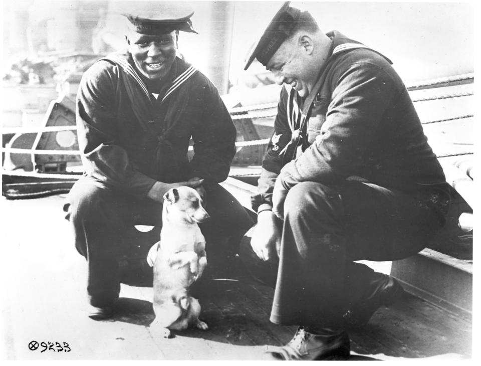 US sailors sit with a small dog.