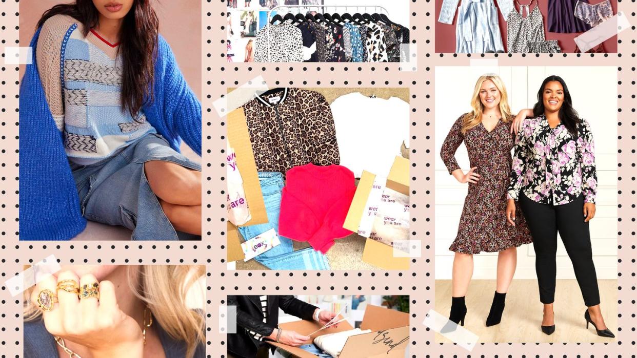 women wearing fashionable clothing, a person opening up a clothing subscription box, a persons hand wearing rings, two women posing together in cute outfits