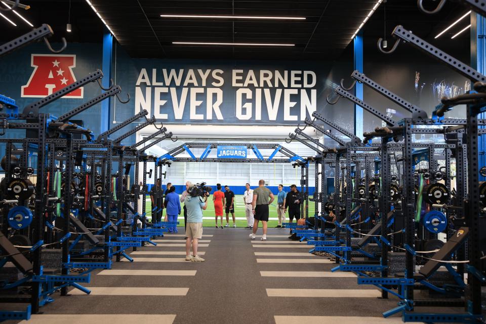 The weight room is shown Tuesday, July 18, 2023 at the new Miller Electric Center at EverBank Stadium in Jacksonville, Fla. Selected guests and media witnessed speeches, a ribbon cutting and tour of the new facilities. [Corey Perrine/Florida Times-Union]