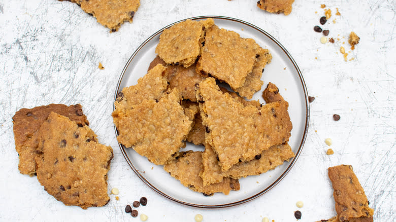 plate of triple chocolate chip cookie brittle