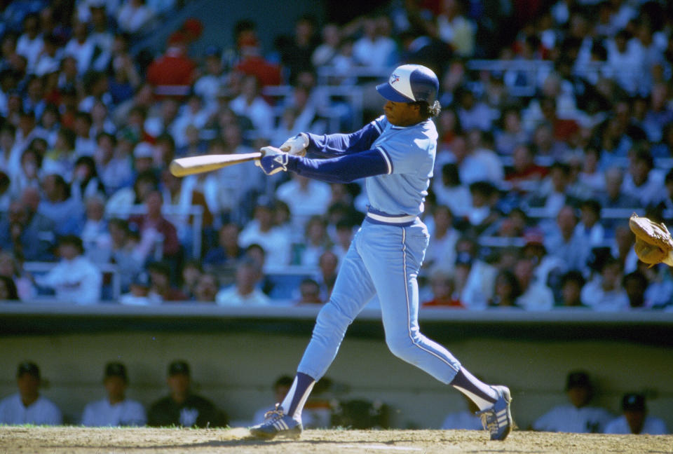 NEW YORK - CIRCA 1985: Tony Fernandez #1 of the Toronto Blue Jays bats against the New York Yankees during an Major League Baseball game circa 1985 at Yankee Stadium in the Bronx borough of New York City. Fernandez played for the Blue Jays from 1983-90. (Photo by Focus on Sport/Getty Images) 