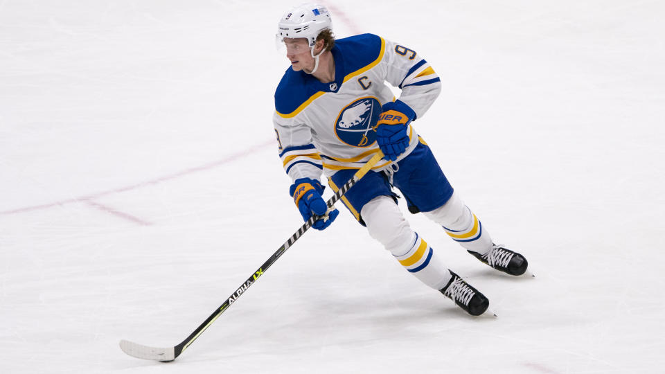 UNIONDALE, NY - MARCH 07: Buffalo Sabres Center Jack Eichel (9) skates with the puck during the third period of the National Hockey League game between the Buffalo Sabres and the New York Islanders on March 7, 2021, at the Nassau Veterans Memorial Coliseum in Uniondale, NY. (Photo by Gregory Fisher/Icon Sportswire via Getty Images)
