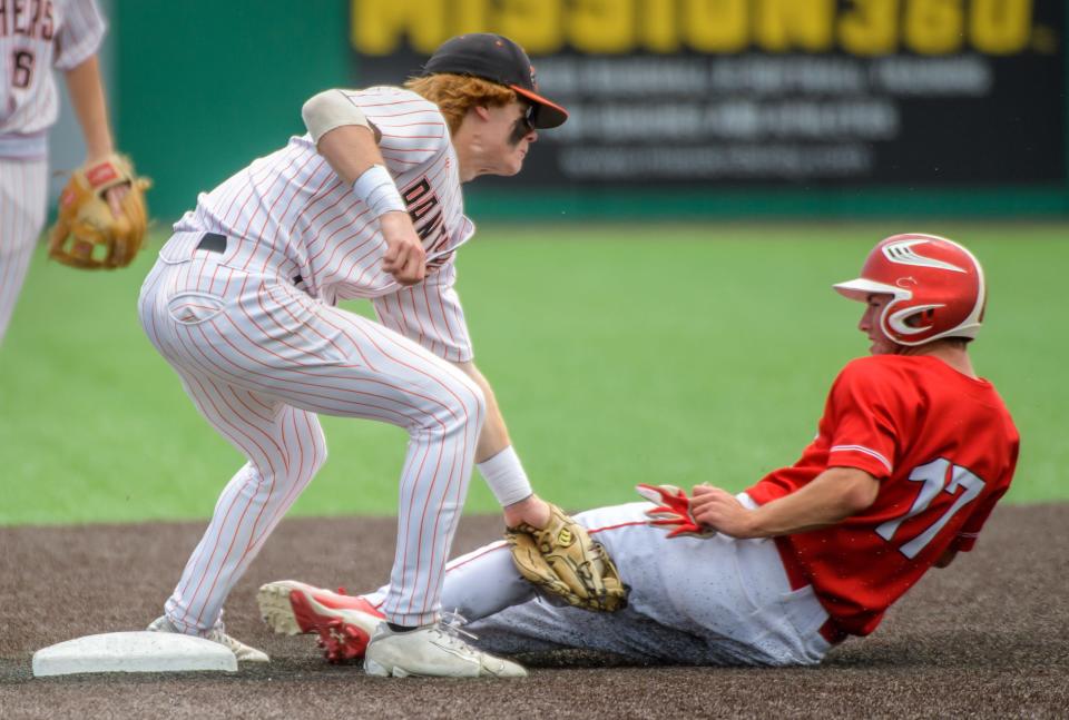 Washington's Easton Harris puts the tag on Glenwood's Tyler Marconi on a steal attempt in the sixth inning of their Class 3A state baseball semifinal Friday, June 10, 2022 at Duly Health & Care Field in Joliet.