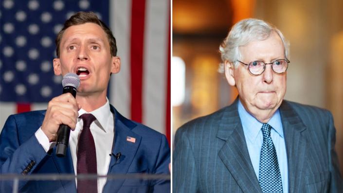 Arizona GOP Senate nominee Blake Masters, left, says he is hopeful Senate Minority Leader Mitch McConnell will "come in and spend" money in Arizona as he seeks to defeat incumbent Sen. Mark Kelly, D-Ariz. <span class="copyright">Brandon Bell, Anna Moneymaker via Getty Images</span>