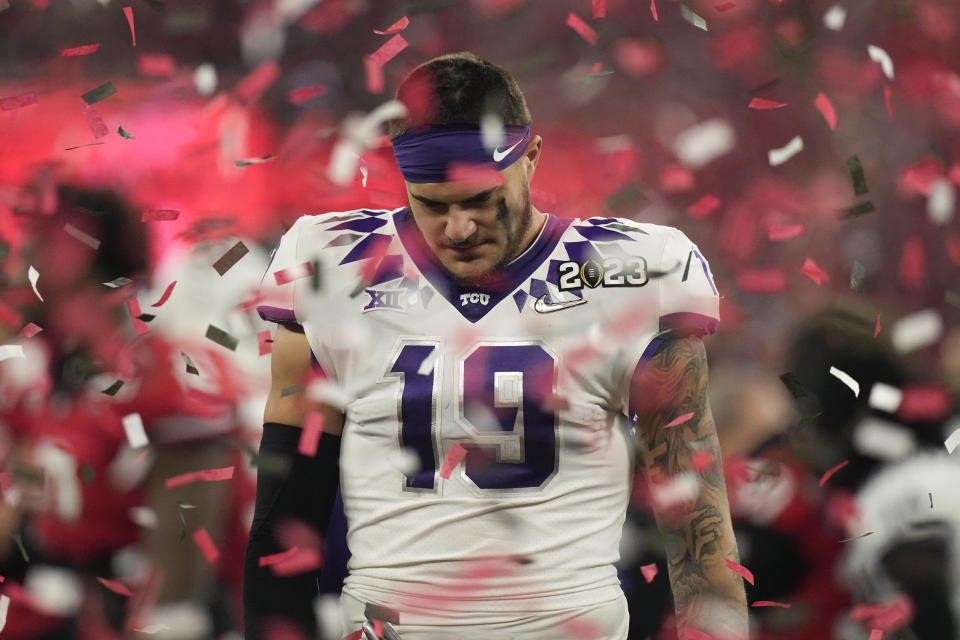 TCU tight end Jared Wiley (19) walks off the field after the national championship NCAA College Football Playoff game against Georgia, Monday, Jan. 9, 2023, in Inglewood, Calif. Georgia won 65-7. (AP Photo/Mark J. Terrill)