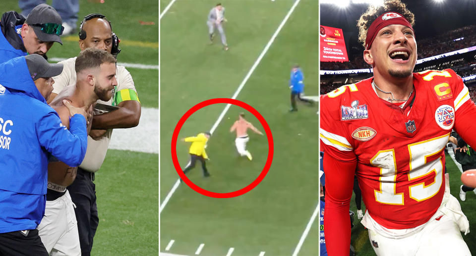 These images show Super Bowl streakers and Kansas City Chiefs QB Patrick Mahomes.