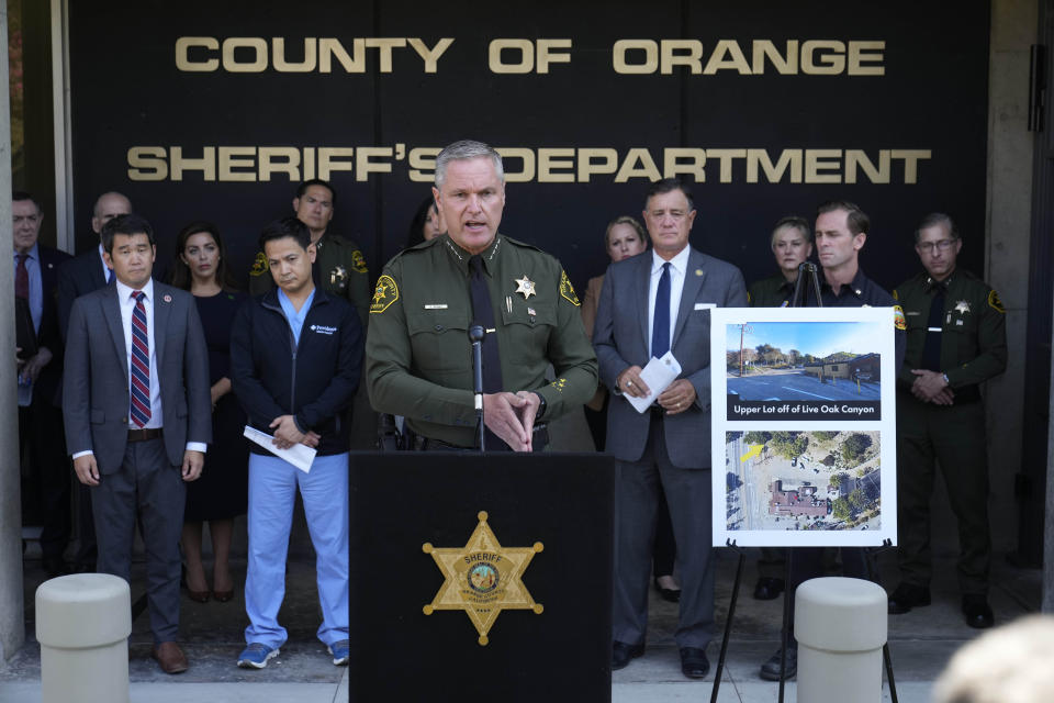 Orange County Sheriff-Coroner Don Barnes comments on the shooting at Cook's Corner, a biker bar in rural Trabuco Canyon, Calif., in Orange County, during a news conference in Santa Ana, Calif., Thursday, Aug. 24, 2023. (AP Photo/Damian Dovarganes)