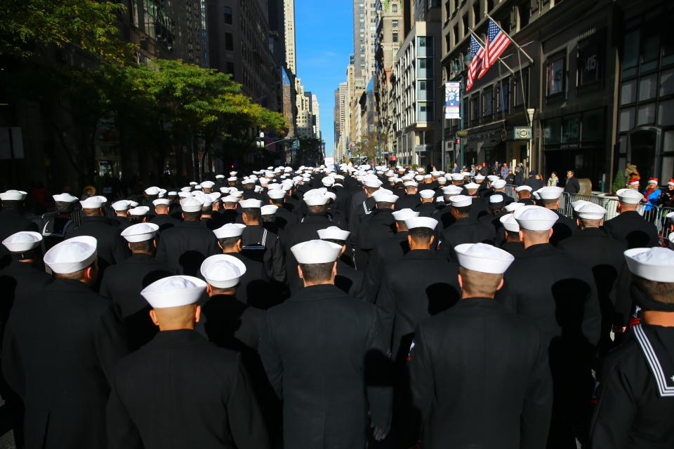 <p>The United States Navy marches up Fifth Avenue the Veterans Day parade in New York on Nov. 11, 2017. (Photo: Gordon Donovan/Yahoo News) </p>