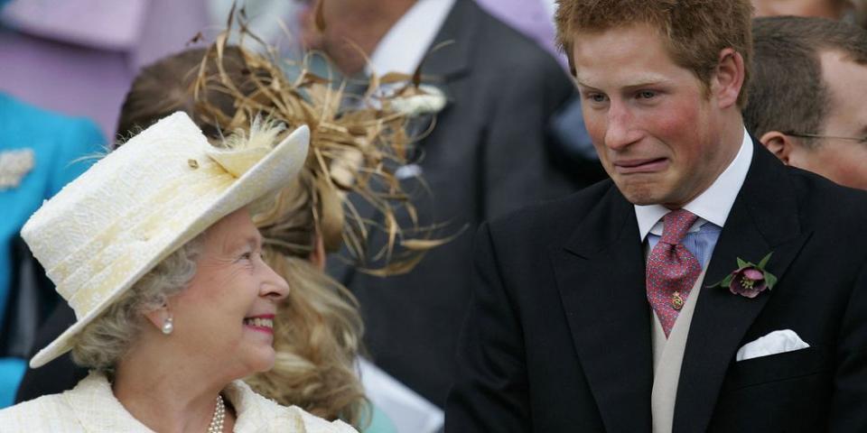 <p>Prince Harry has a silly moment with his grandmother at Prince Charles' wedding to Camilla Parker Bowles. </p>