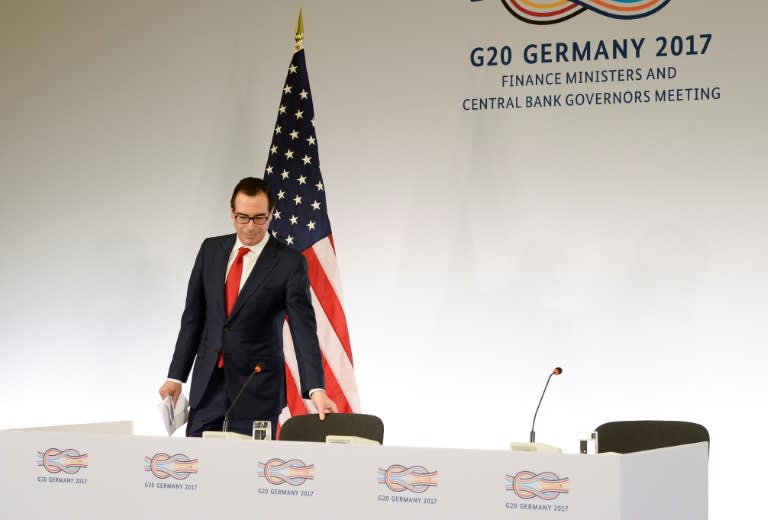 US Secretary of the Treasury Steven Mnuchin arrives for a press conference at the G20 Finance Ministers and Central Bank Governors Meeting in Baden-Baden, southern Germany, on March 18, 2017